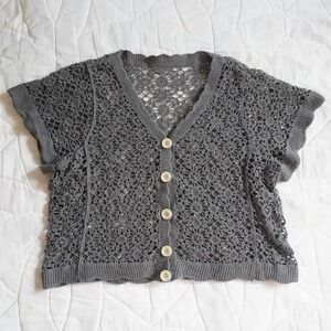 Crochet Cardigan Gray Short Sleeve Button Front Open Floral Knit Top Womens